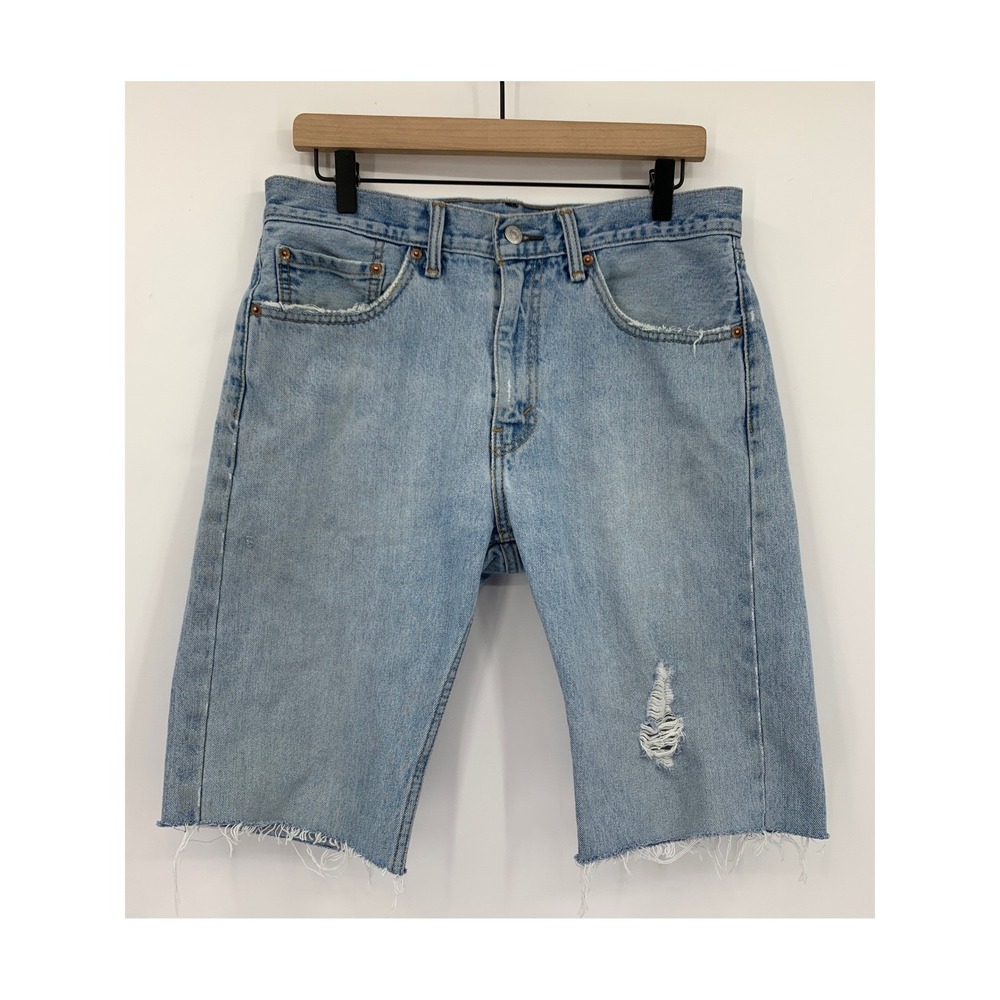 Levis Shorts Mens 33 Blue Light Wash Distressed 12" Inseam Cut Denim Jean Jorts